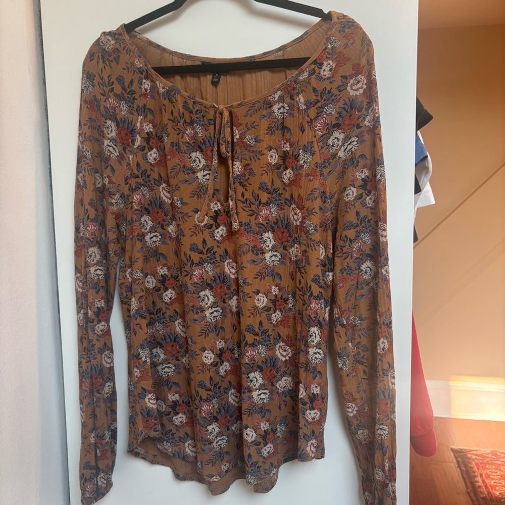 Lucky Brand Brown and Tan Tie Front Relaxed Blouse
